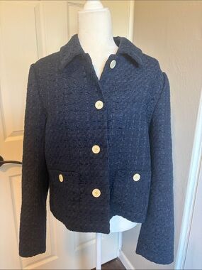 LOFT Navy Tweed Textured Button-Front Blazer jacket